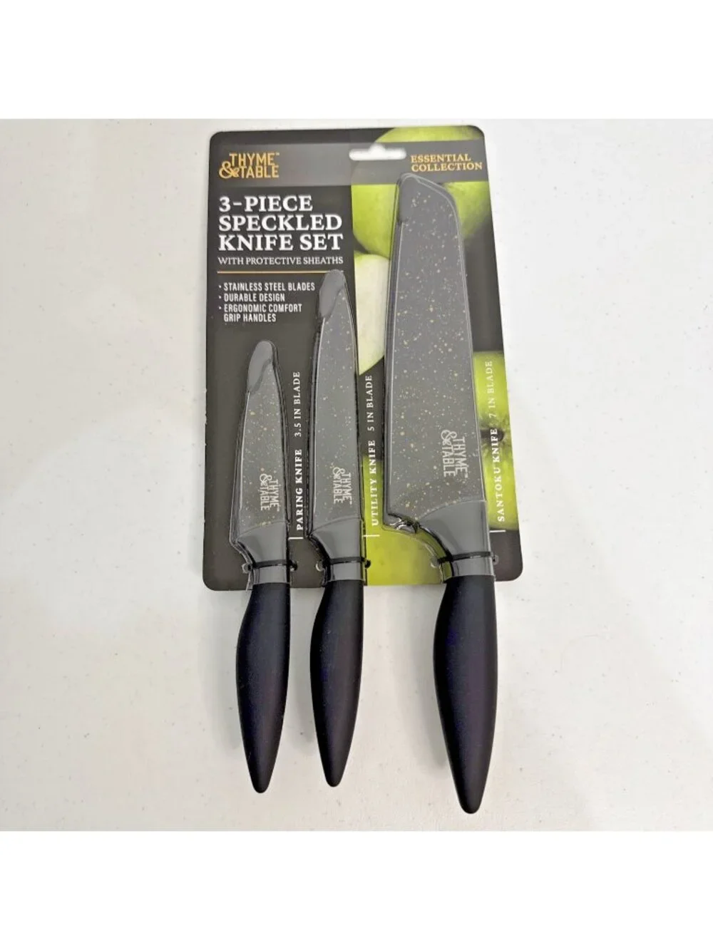 Thyme & Table * 3-piece Speckled Knife Set Stainless Steel Blades Ergonomic Grip